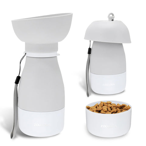 Zoolora Portable Pet Water Bottle with Food Container (Grey)